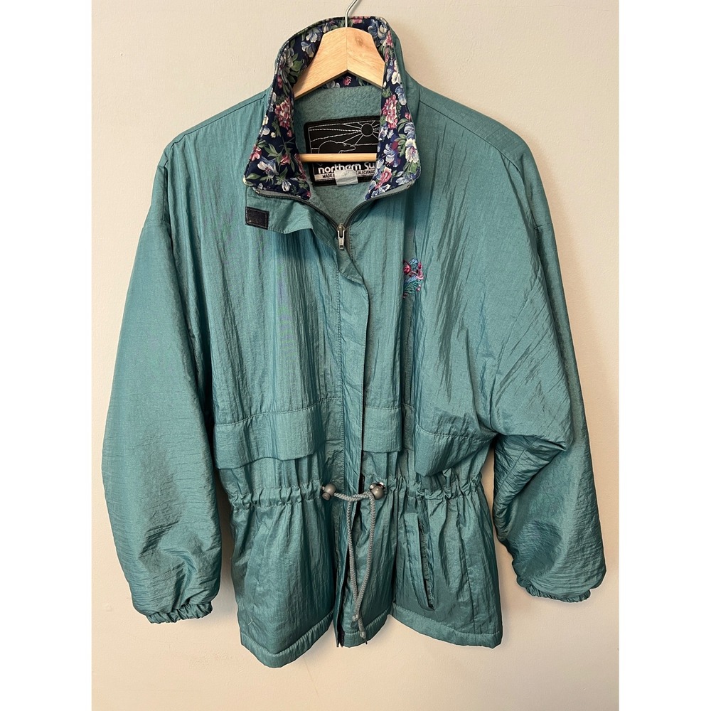 Vintage Northern Sun Teal Fleece Lined Parka Jacket XS Floral Trim Gorpcore